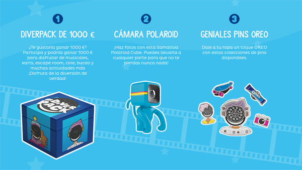 premios de la promoción de oreopeople para ganar 1000€, pins o cámara polaroid