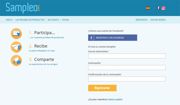 registro en la página web de sampleo.com