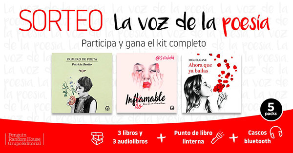 sorteo de 5 packs completos de poesía compuestos por: 3 libros, 3 audiolibros. punto de libro y cascos bluetooh