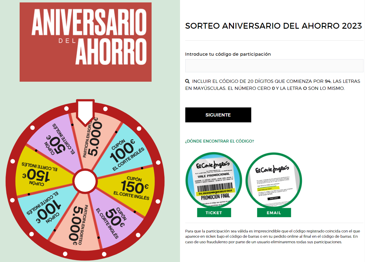 hipercor corteingles sorteo aniversario ahorro 2023 introducir codigo ruleta de premios